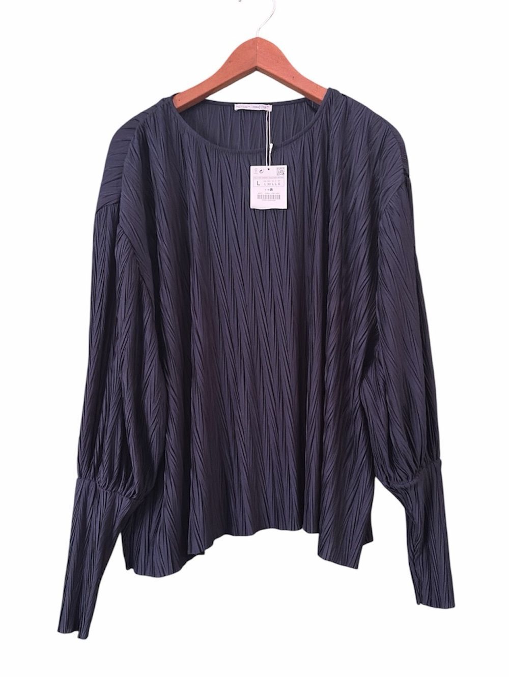 NWT Zara Navy Textured Pleated Blouse Sz L